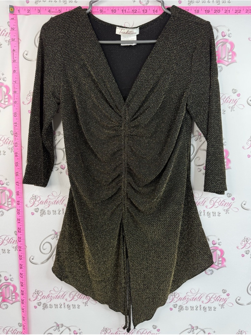 Tradition blouse sparkly shiny Metallic Gold Ruched V-Neck Women’s Top